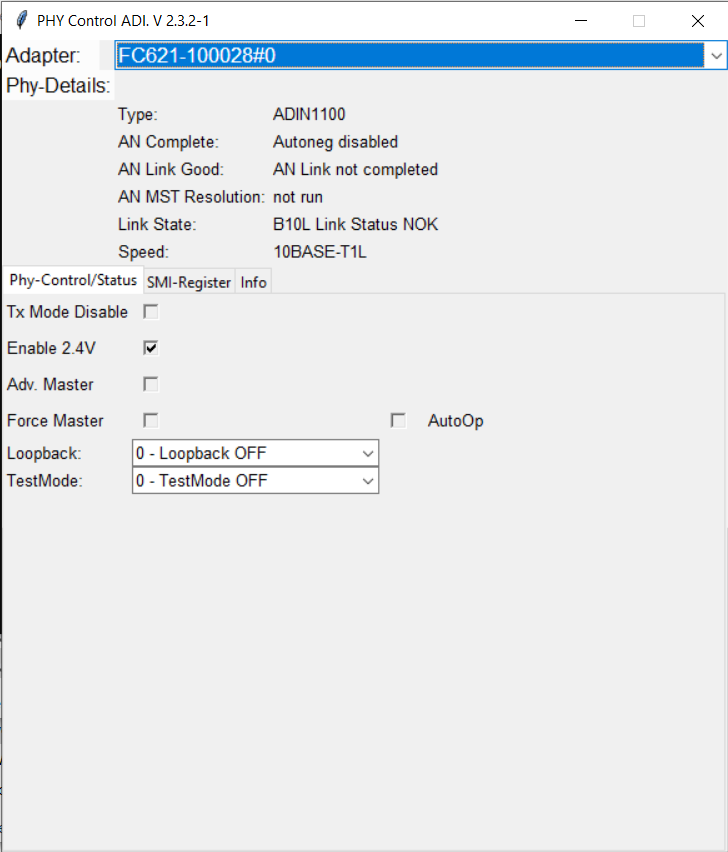 PHY Control and Status Tab